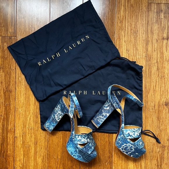 Ralph Lauren Printed Denim Floral Strappy Platform Open Toe Sandal - Picture 6 of 7